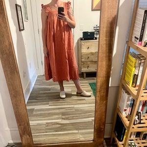 Linen blend ruffle sleeve midi dress in salmon with red stripes size medium